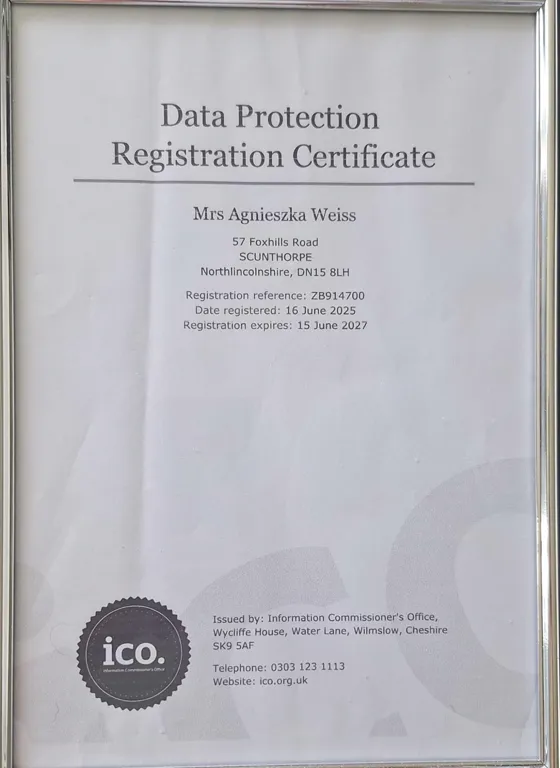 Certyfikat rejestracji ochrony danych ICO wystawiony dla Agnieszki Weiss