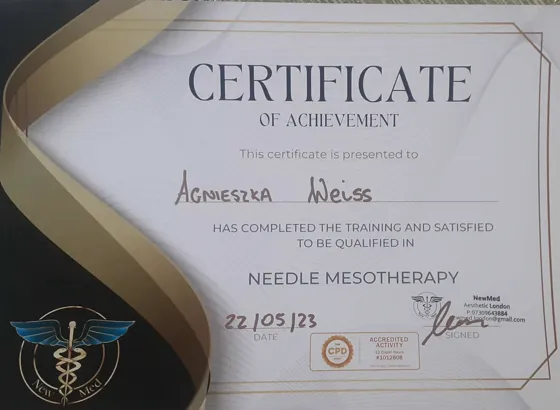 Certyfikat szkolenia Needle Mesotherapy