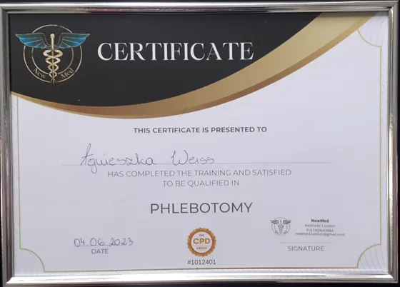 Certyfikat szkolenia Phlebotomy