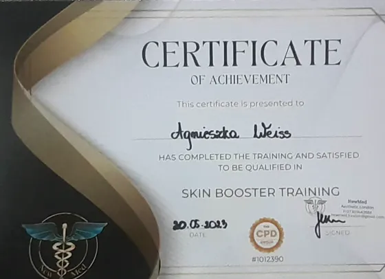 Certyfikat szkolenia Skin Booster Training