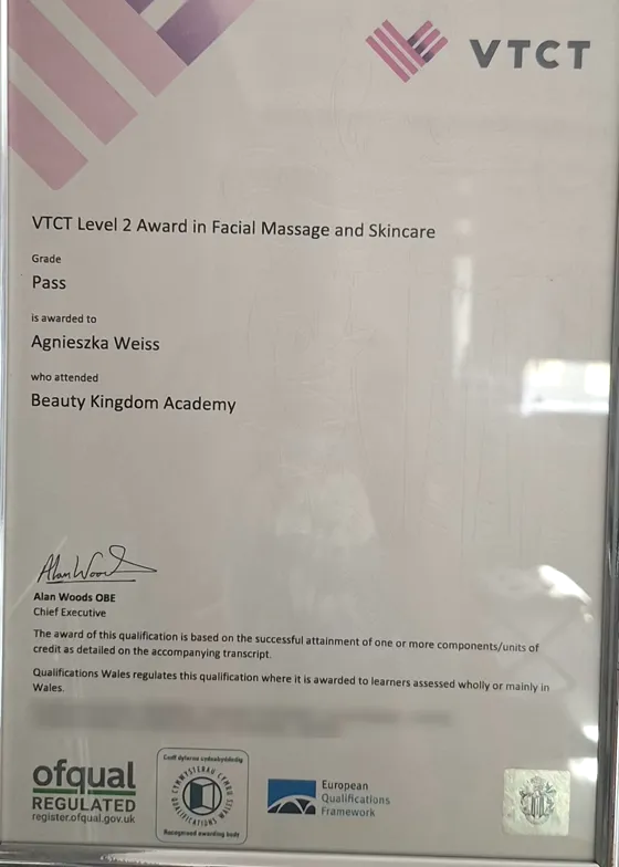 Certyfikat VTCT Level 2 Award in Facial Massage and Skincare