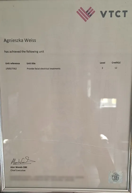 Potwierdzenie modułu VTCT Level 3 Provide Facial Electrical Treatments