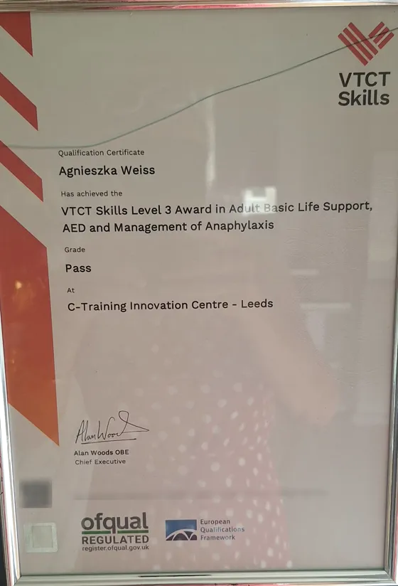Certyfikat VTCT Skills Level 3 Award in Adult Basic Life Support, AED and Management of Anaphylaxis