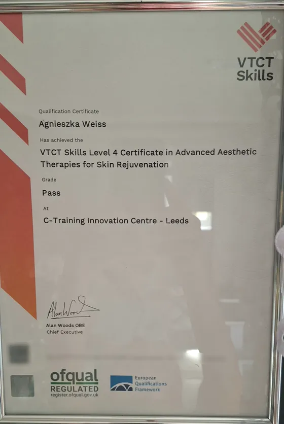Certyfikat VTCT Skills Level 4 in Advanced Aesthetic Therapies for Skin Rejuvenation wystawiony dla Agnieszki Weiss